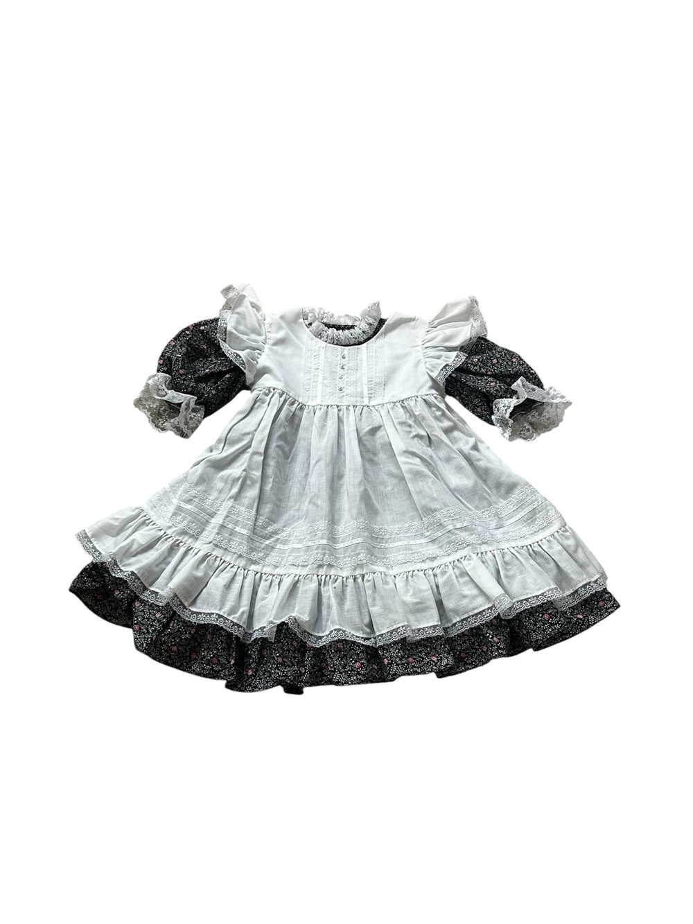 Vintage Fayette Girls Floral Apron Dress Lace Trim Ruffles Cottagecore Prairie